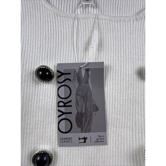 Oyrosy Sleeveless Ribbed Sweater Dress Womens SZ MED White Red W/Black Buttons - Picture 9 of 13